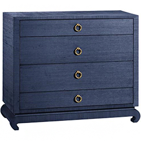 The Ming chest in navy by Bungalo 5 available in the furniture store at Delicious Designs in Hingham, Massachusetts